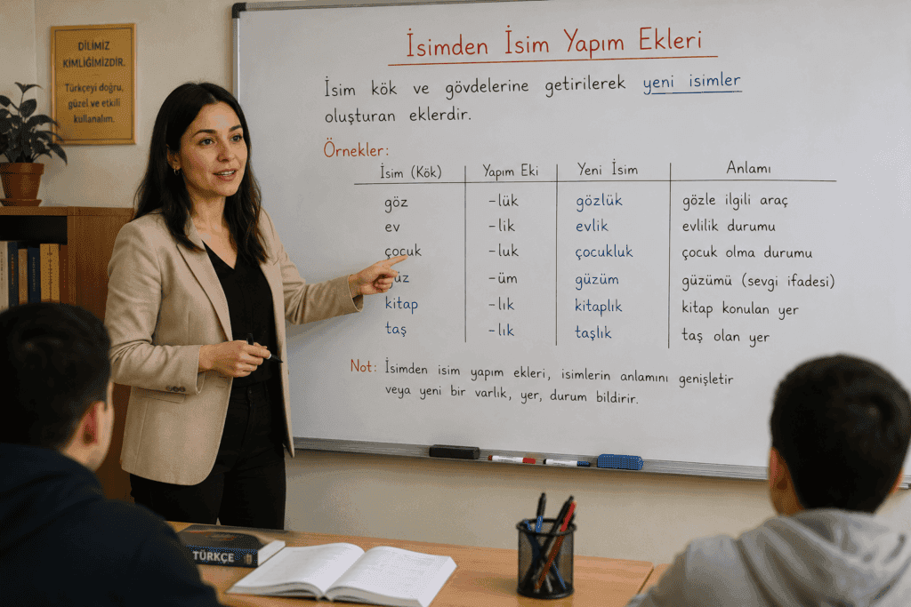 İsimden isim yapım ekleri, türleri ve örnek sözcüklerin anlatımı
