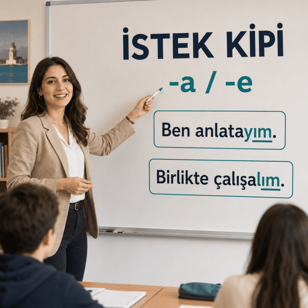 İstek kipinin -a/-e ekini ve “anlatayım, çalışalım” örneklerini açıklayan öğretme