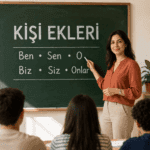 Kişi eklerini ben, sen, o, biz, siz ve onlar zamirleriyle anlatan Türkçe öğretmeni