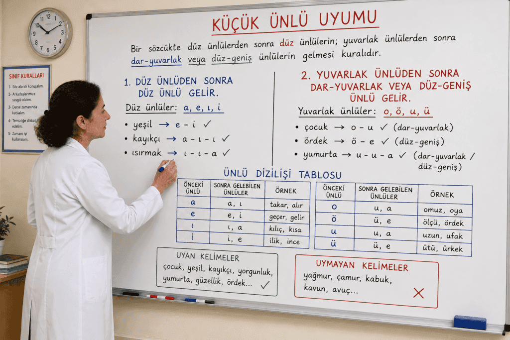Küçük ünlü uyumu kurallarını ve örneklerini tahtada anlatan Türkçe öğretmeni