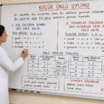 Küçük ünlü uyumu kurallarını ve örneklerini tahtada anlatan Türkçe öğretmeni