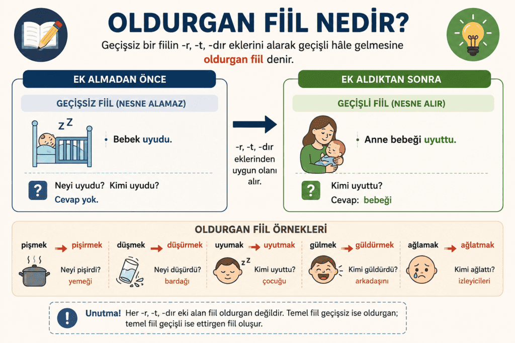 Oldurgan fiilin geçişsiz bir fiilden geçişli fiile dönüşümünü, eklerini ve örneklerini gösteren eğitim görseli.
