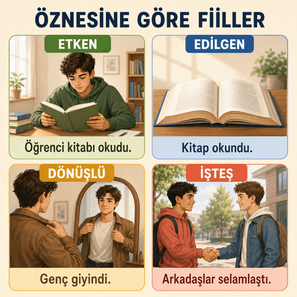 Öznesine göre fiillerde etken, edilgen, dönüşlü ve işteş çatı türlerini örneklerle gösteren eğitim görseli