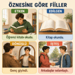 Öznesine göre fiillerde etken, edilgen, dönüşlü ve işteş çatı türlerini örneklerle gösteren eğitim görseli