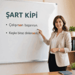 Şart kipinin -sa/-se ekini ve koşul ile dilek anlamlarını örneklerle açıklayan öğretmen görseli.