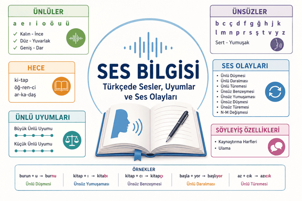 Ses bilgisi, ünlü ve ünsüz harfler, ünlü uyumları ve ses olayları