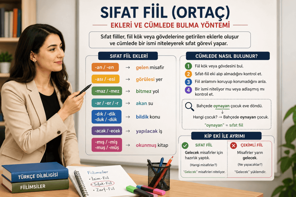 Sıfat fiil ekleri ve cümlede sıfat fiil bulma yöntemini örneklerle anlatan Türkçe dil bilgisi görseli