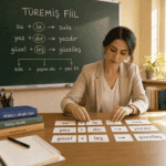 Kadın öğretmen, türemiş fiillerin yapım ekiyle oluşumunu sözcük kartları ve örneklerle anlatıyor.