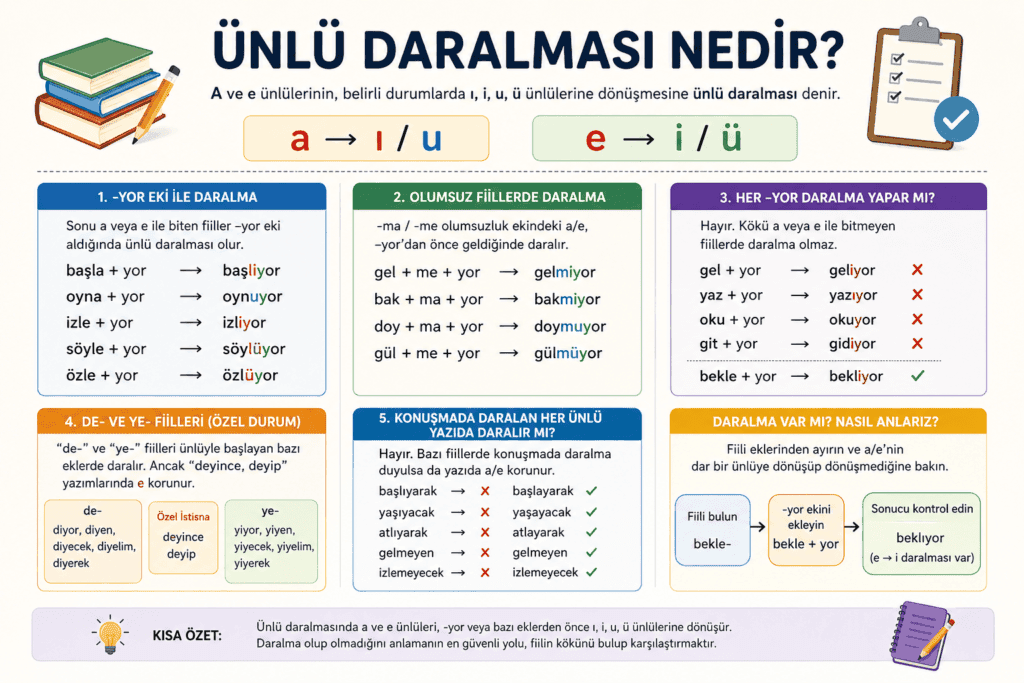 Ünlü daralması kuralları ve örneklerini gösteren eğitim infografiği