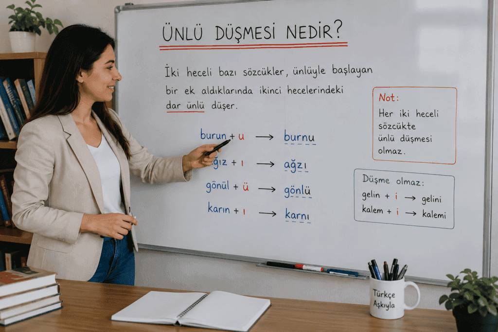 Ünlü düşmesini burun, ağız, gönül ve karın örnekleriyle anlatan öğretmen