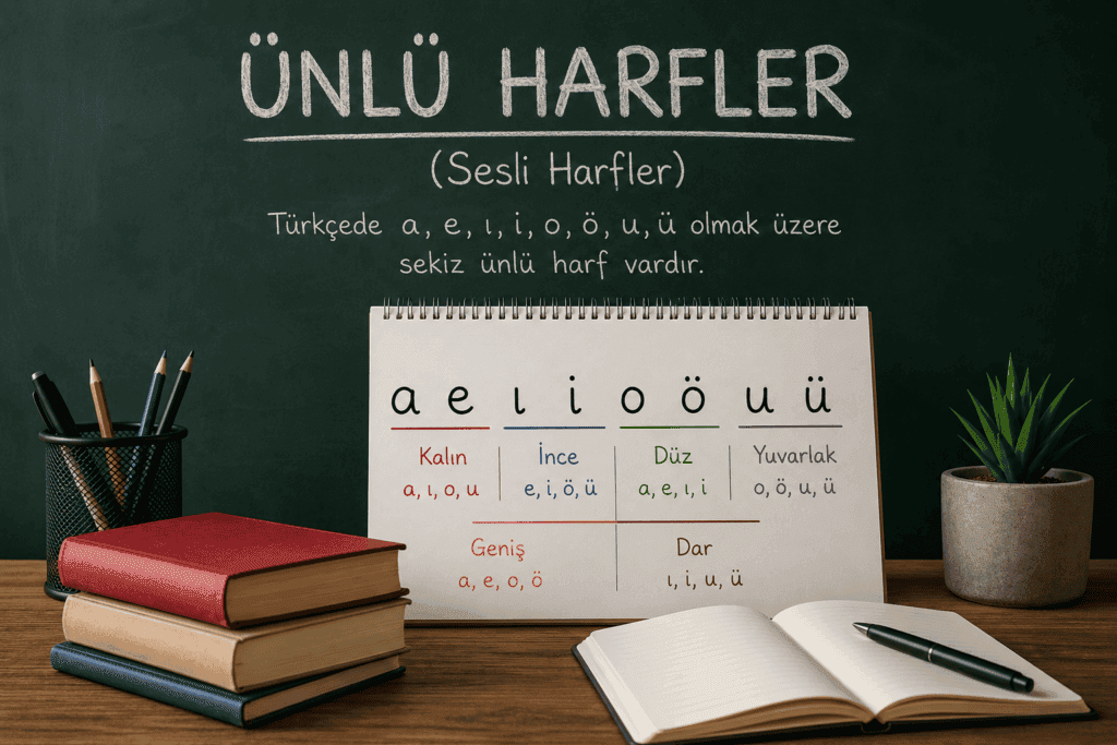 Türkçedeki ünlü harflerin kalın, ince, düz, yuvarlak, geniş ve dar olarak sınıflandırılması