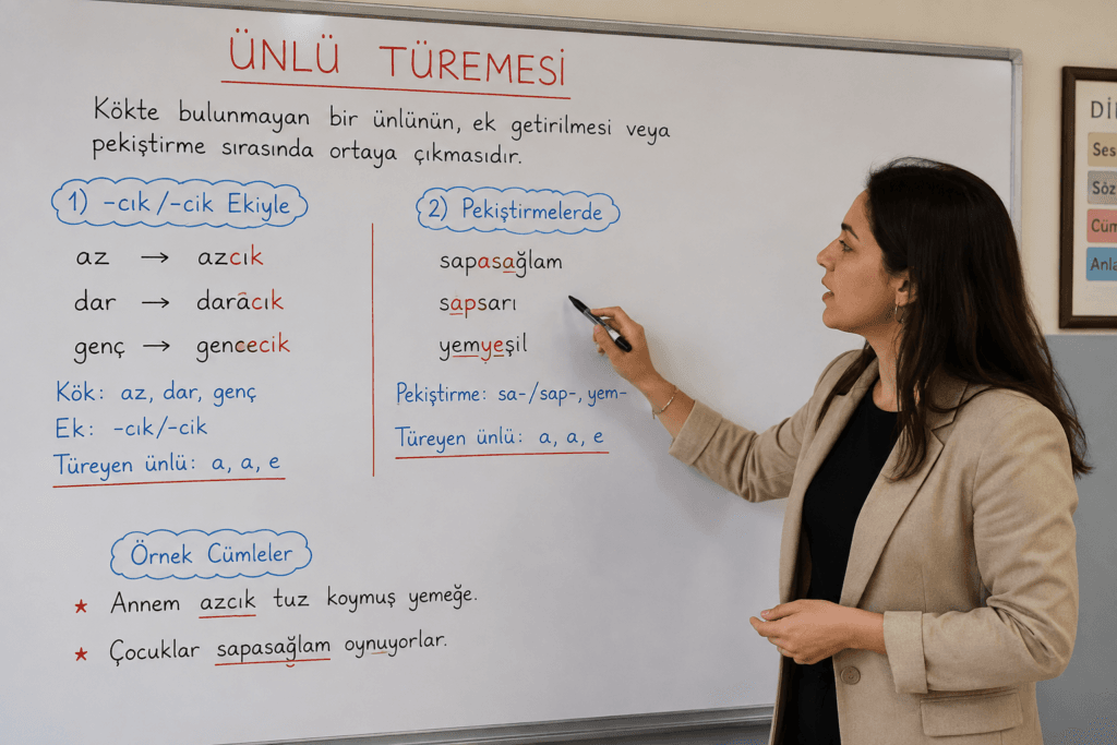 Ünlü türemesini -cık/-cik eki ve pekiştirme örnekleriyle anlatan öğretmen