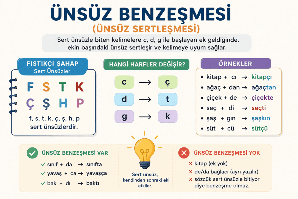 Ünsüz benzeşmesi kuralını, Fıstıkçı Şahap sert ünsüzlerini ve örneklerini gösteren eğitim infografiği
