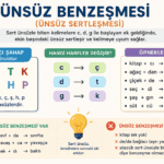 Ünsüz benzeşmesi kuralını, Fıstıkçı Şahap sert ünsüzlerini ve örneklerini gösteren eğitim infografiği