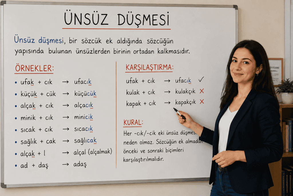 Ünsüz düşmesi kurallarını ve örneklerini tahtada anlatan öğretmen