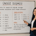 Ünsüz düşmesi kurallarını ve örneklerini tahtada anlatan öğretmen