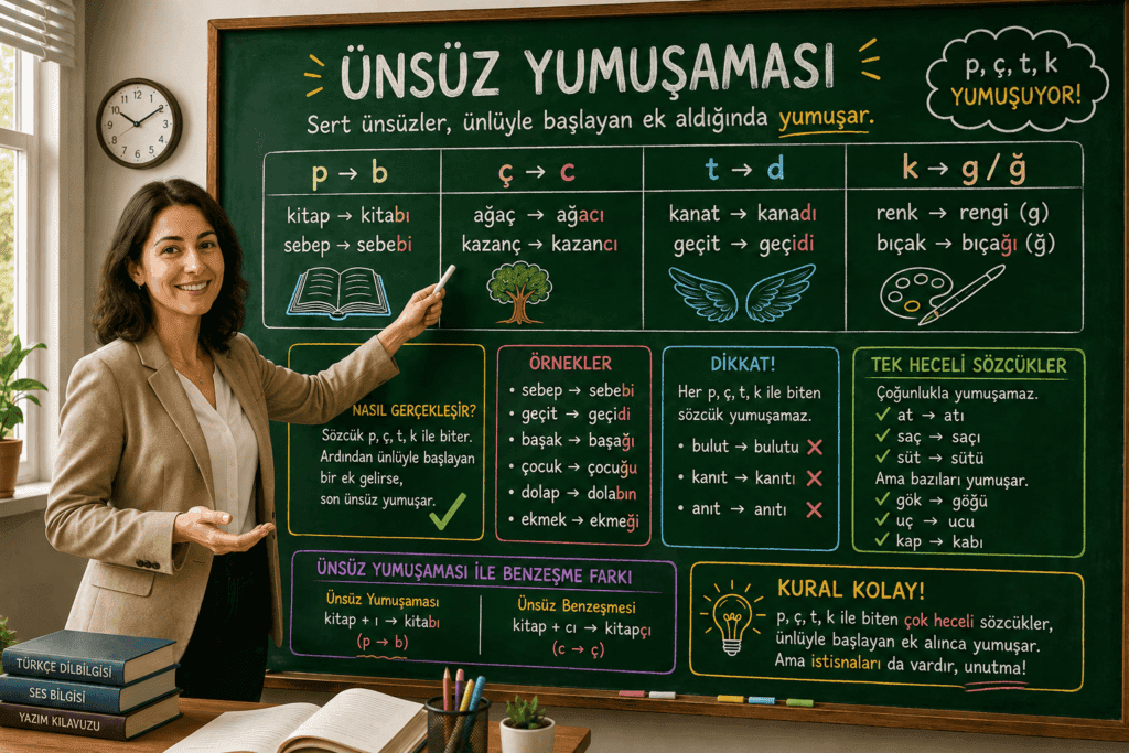 Ünsüz yumuşaması kurallarını ve örneklerini tahtada anlatan öğretmen