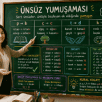 Ünsüz yumuşaması kurallarını ve örneklerini tahtada anlatan öğretmen