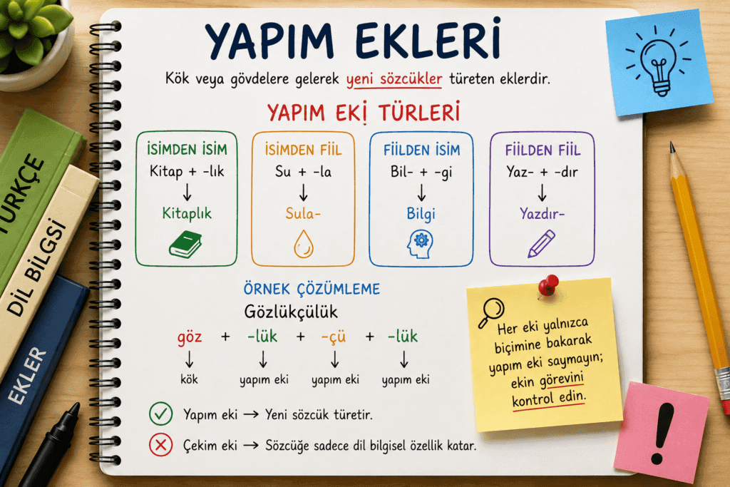 Yapım eki türlerini, sözcük türetme örneklerini ve yapım eki ile çekim eki arasındaki farkı gösteren Türkçe dil bilgisi görseli