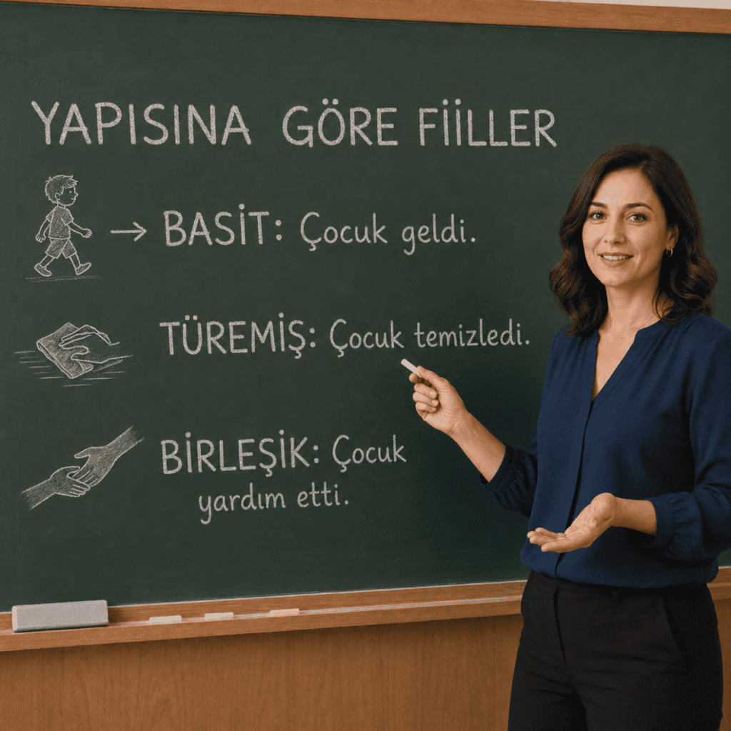 Kadın öğretmen, yapısına göre fiilleri tahtada basit, türemiş ve birleşik fiil örnekleriyle anlatıyor.