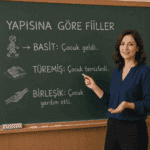 Kadın öğretmen, yapısına göre fiilleri tahtada basit, türemiş ve birleşik fiil örnekleriyle anlatıyor.