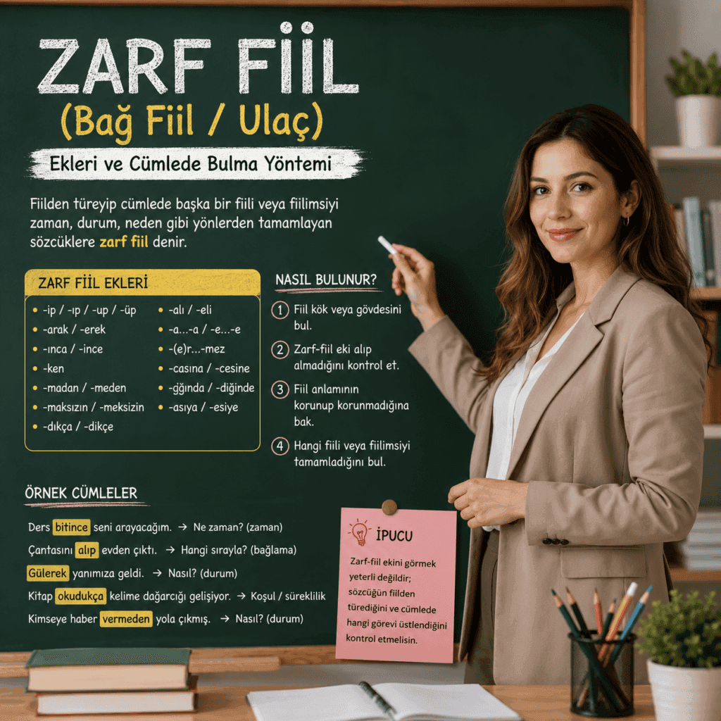 Zarf fiil ekleri ve cümlede zarf fiil bulma yöntemini örneklerle gösteren Türkçe dil bilgisi görseli