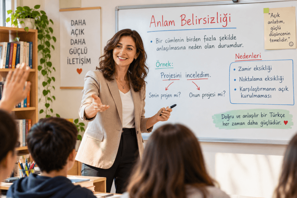 Anlam belirsizliği konusunu zamir eksikliği, noktalama ve karşılaştırma örnekleriyle anlatan öğretmenli sınıf görseli