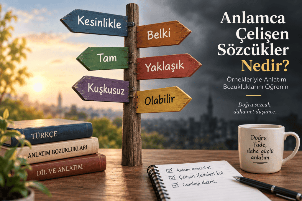 Anlamca çelişen sözcükleri yanlış ve doğru cümle örnekleriyle açıklayan eğitim görseli