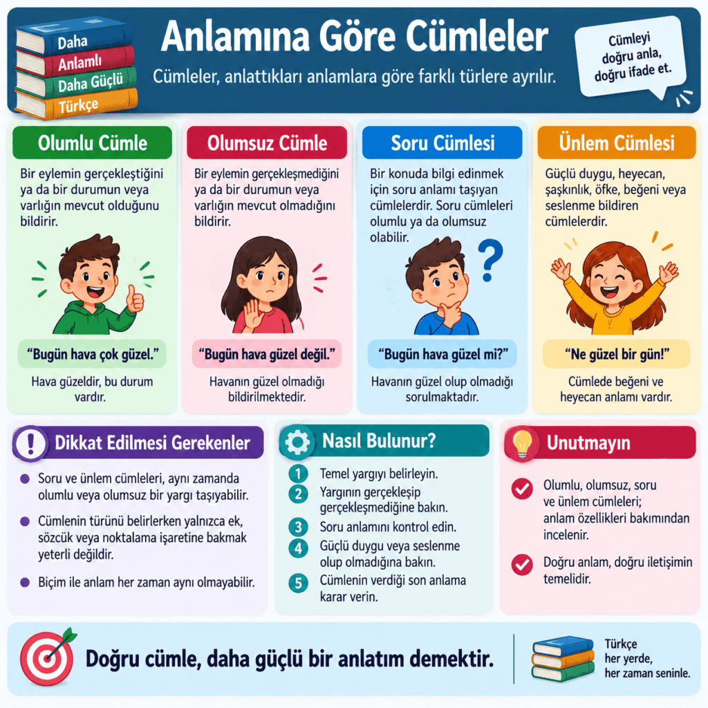 Anlamına göre cümleler türlerini olumlu, olumsuz, soru ve ünlem cümlesi örnekleriyle gösteren eğitim görseli