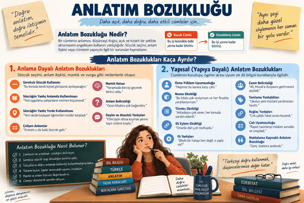 Anlatım bozukluğu türlerini, anlama dayalı ve yapısal anlatım bozukluklarını örneklerle gösteren eğitim görseli