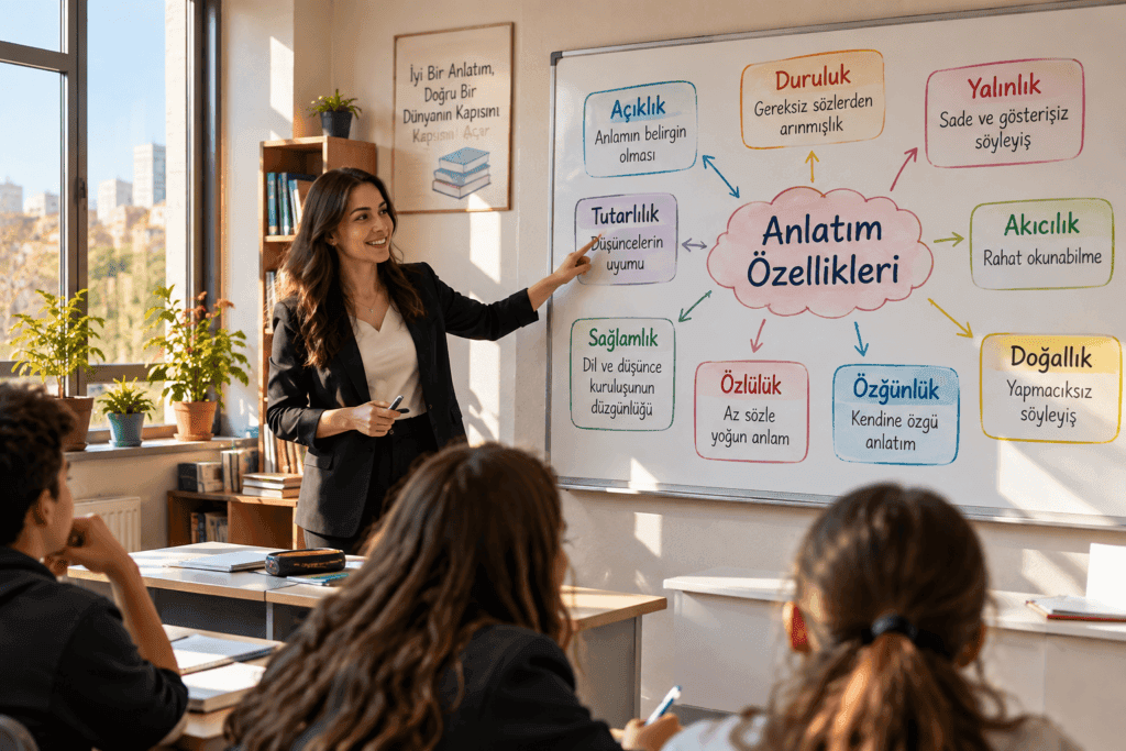 Anlatım özelliklerini açıklık, duruluk, yalınlık ve diğer anlatım nitelikleriyle açıklayan öğretmenli eğitim görseli