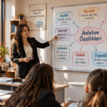 Anlatım özelliklerini açıklık, duruluk, yalınlık ve diğer anlatım nitelikleriyle açıklayan öğretmenli eğitim görseli