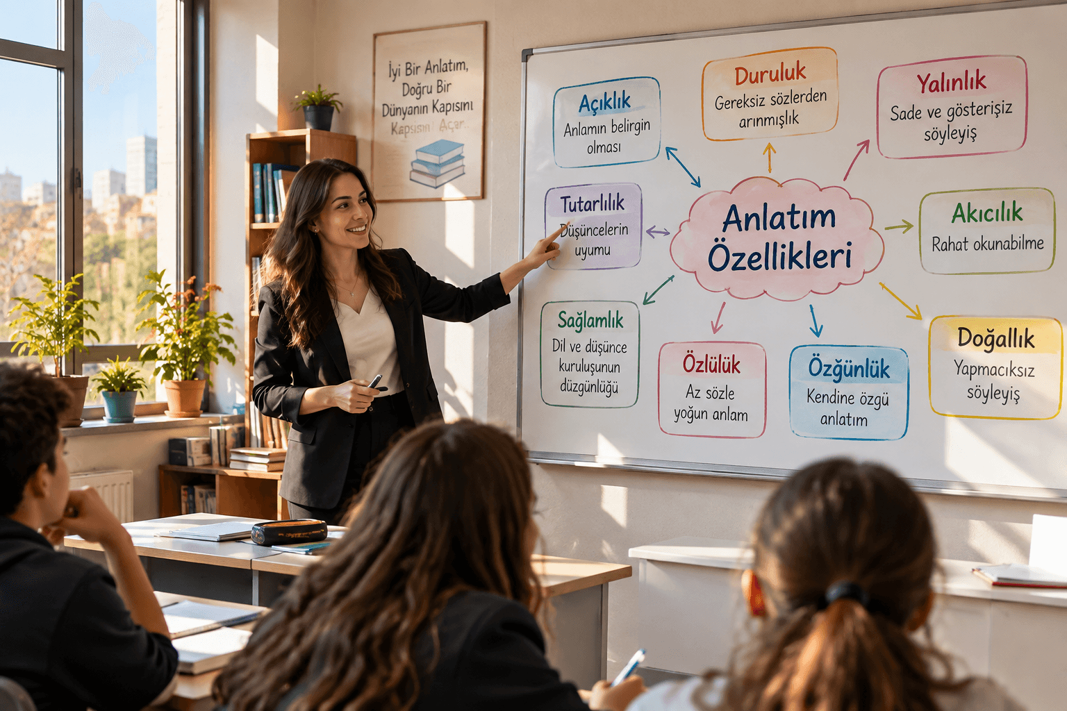 Anlatım özelliklerini açıklık, duruluk, yalınlık ve diğer anlatım nitelikleriyle açıklayan öğretmenli eğitim görseli