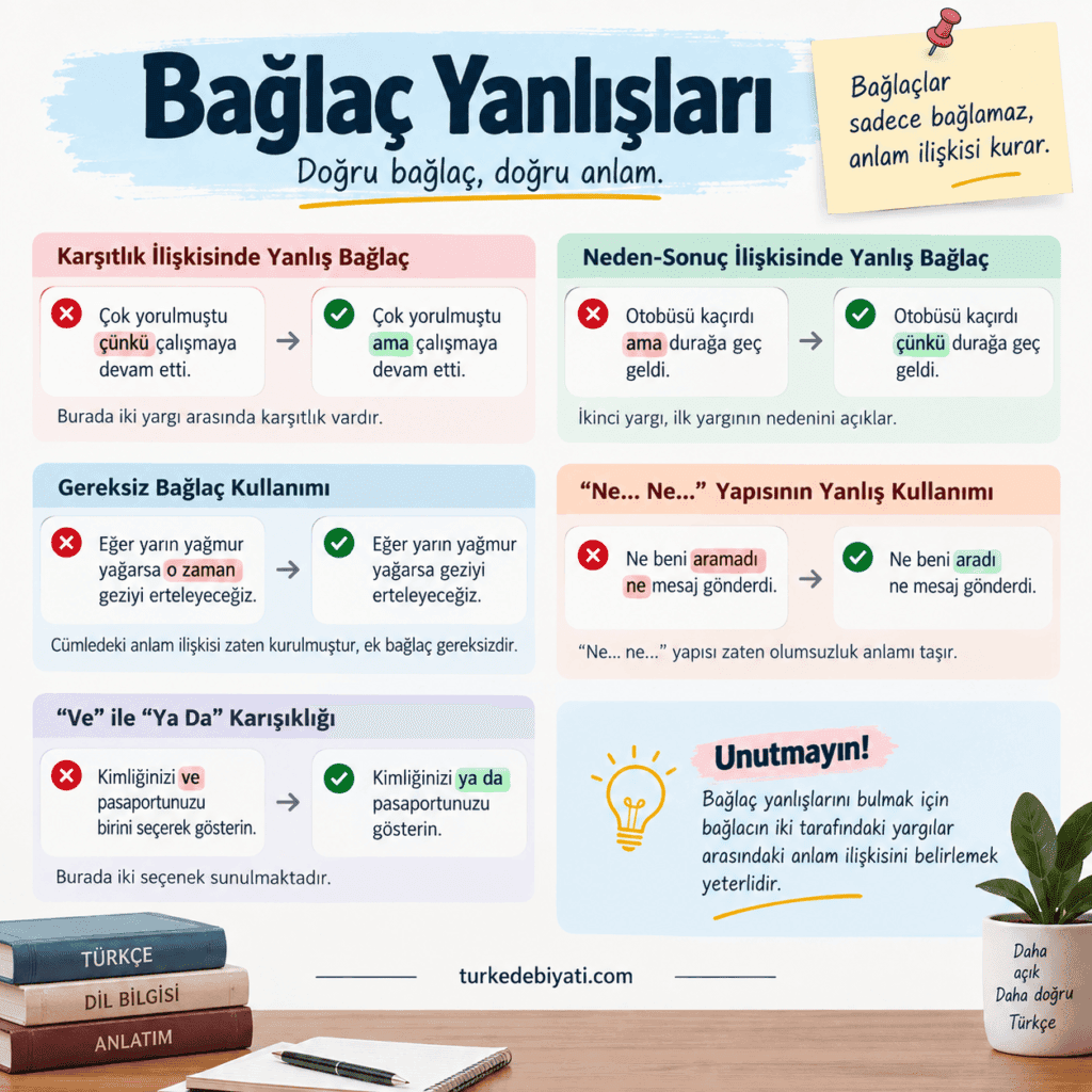 Bağlaç yanlışlarını yanlış ve doğru cümle örnekleriyle açıklayan Türkçe dil bilgisi infografiği