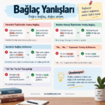 Bağlaç yanlışlarını yanlış ve doğru cümle örnekleriyle açıklayan Türkçe dil bilgisi infografiği
