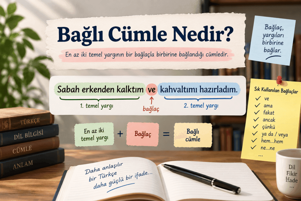 Bağlı cümle nedir, özellikleri ve bağlı cümle örneklerini açıklayan Türkçe dil bilgisi görseli