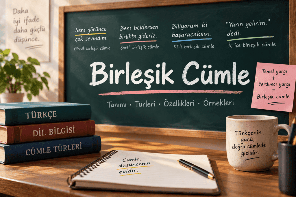 Birleşik cümle nedir, türleri ve birleşik cümle örneklerini gösteren Türkçe dil bilgisi görseli