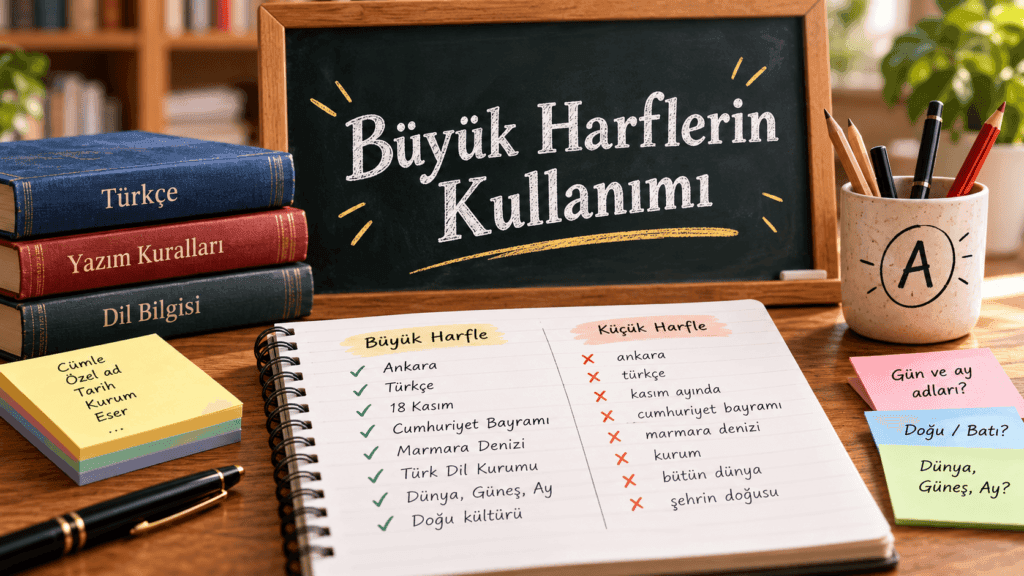 Büyük harflerin kullanımı ve doğru yazım örneklerini gösteren eğitim görseli