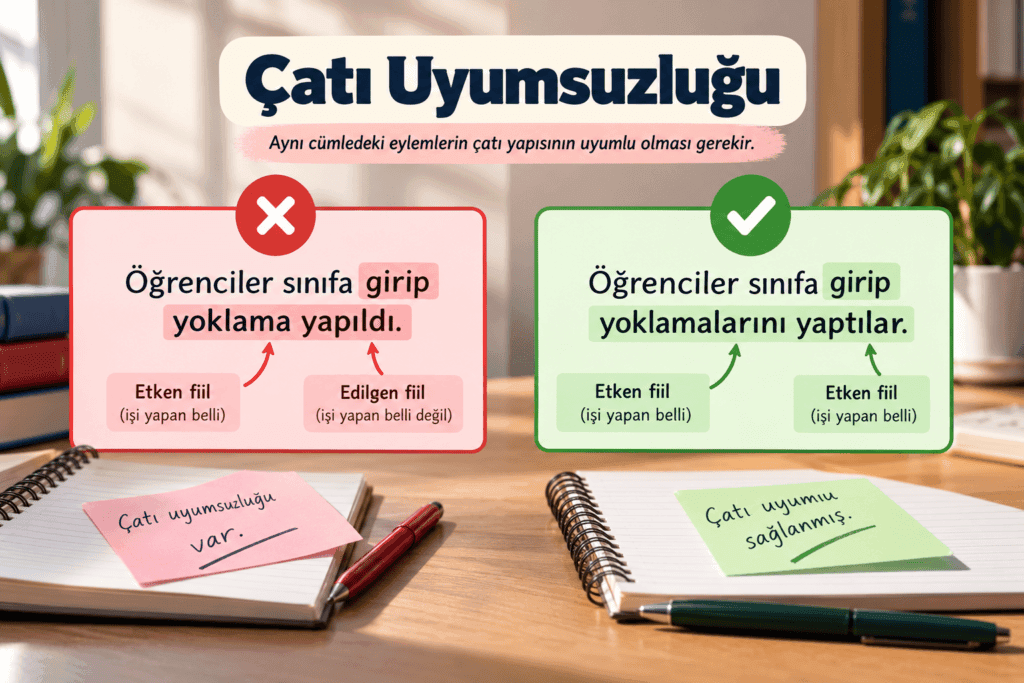 Çatı uyumsuzluğunu etken ve edilgen fiil örnekleriyle açıklayan eğitim görseli
