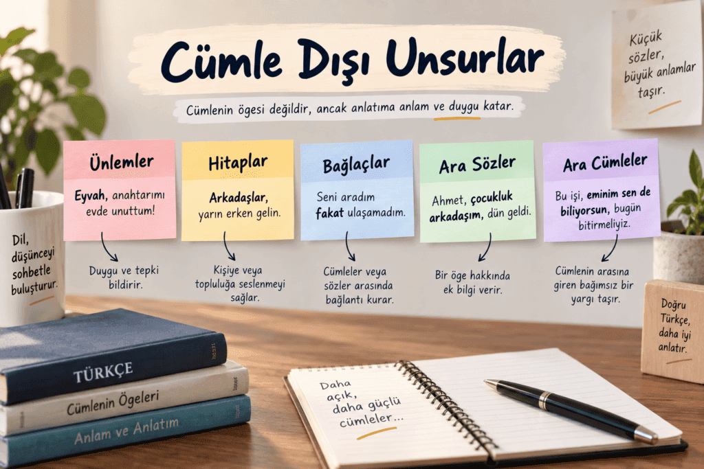 Cümle dışı unsurlar, ünlem, hitap, bağlaç, ara söz ve ara cümle örnekleriyle açıklayan eğitim görseli