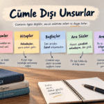 Cümle dışı unsurları ünlem, hitap, bağlaç, ara söz ve ara cümle örnekleriyle açıklayan eğitim görseli