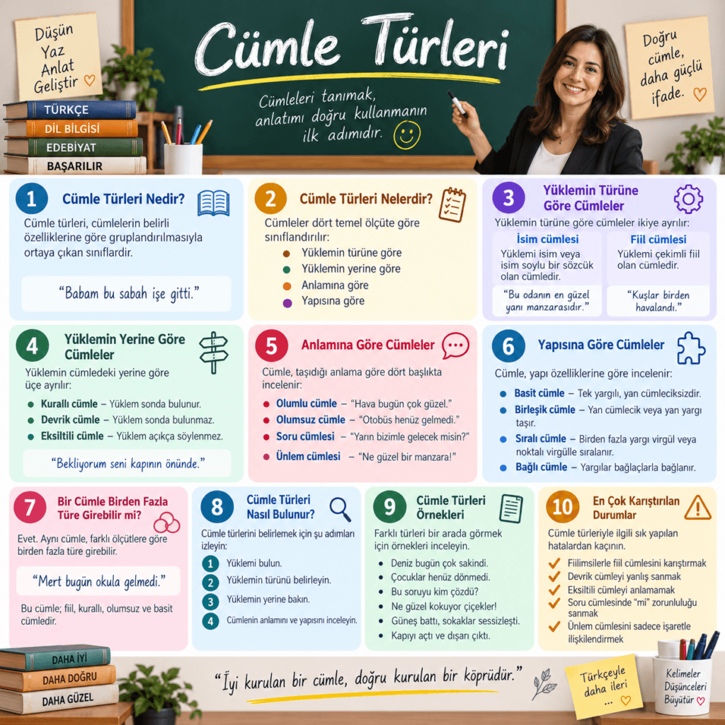Cümle türlerini yüklemin türüne, yerine, anlamına ve yapısına göre örneklerle açıklayan öğretmenli infografik