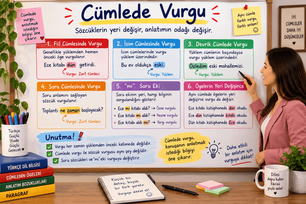 Cümlede vurgu kurallarını fiil, isim, devrik ve soru cümlesi örnekleriyle açıklayan öğretmenli eğitim görseli