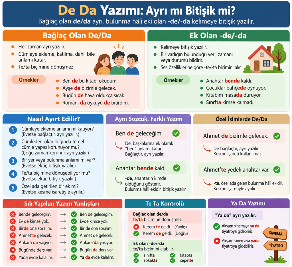 De da yazımı, bağlaç olan de da ile bulunma hâli eki -de -da arasındaki farklar ve doğru yazım örnekleri