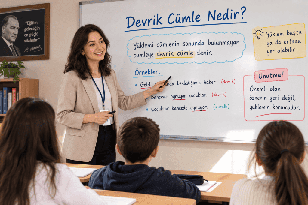 Devrik cümlenin tanımını ve kurallı cümleden farkını sınıfta anlatan öğretmen görseli