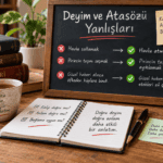 Deyim ve atasözü yanlışlarını yanlış ve doğru kullanım örnekleriyle açıklayan eğitim görseli