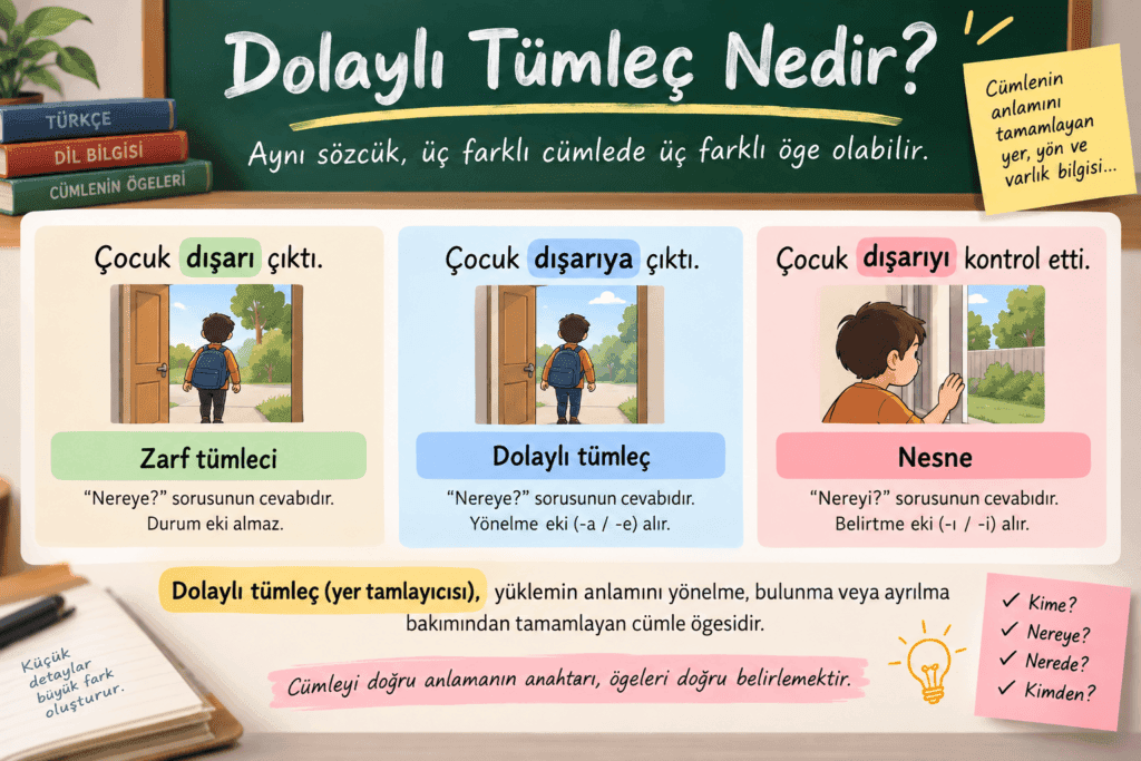 Dolaylı tümleç ve yer tamlayıcısı örneklerini açıklayan görsel