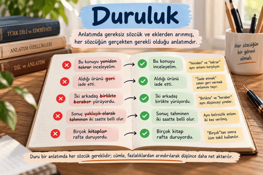 Duruluk konusunu gereksiz sözcüklerin çıkarıldığı doğru ve yanlış cümle örnekleriyle açıklayan eğitim görseli
