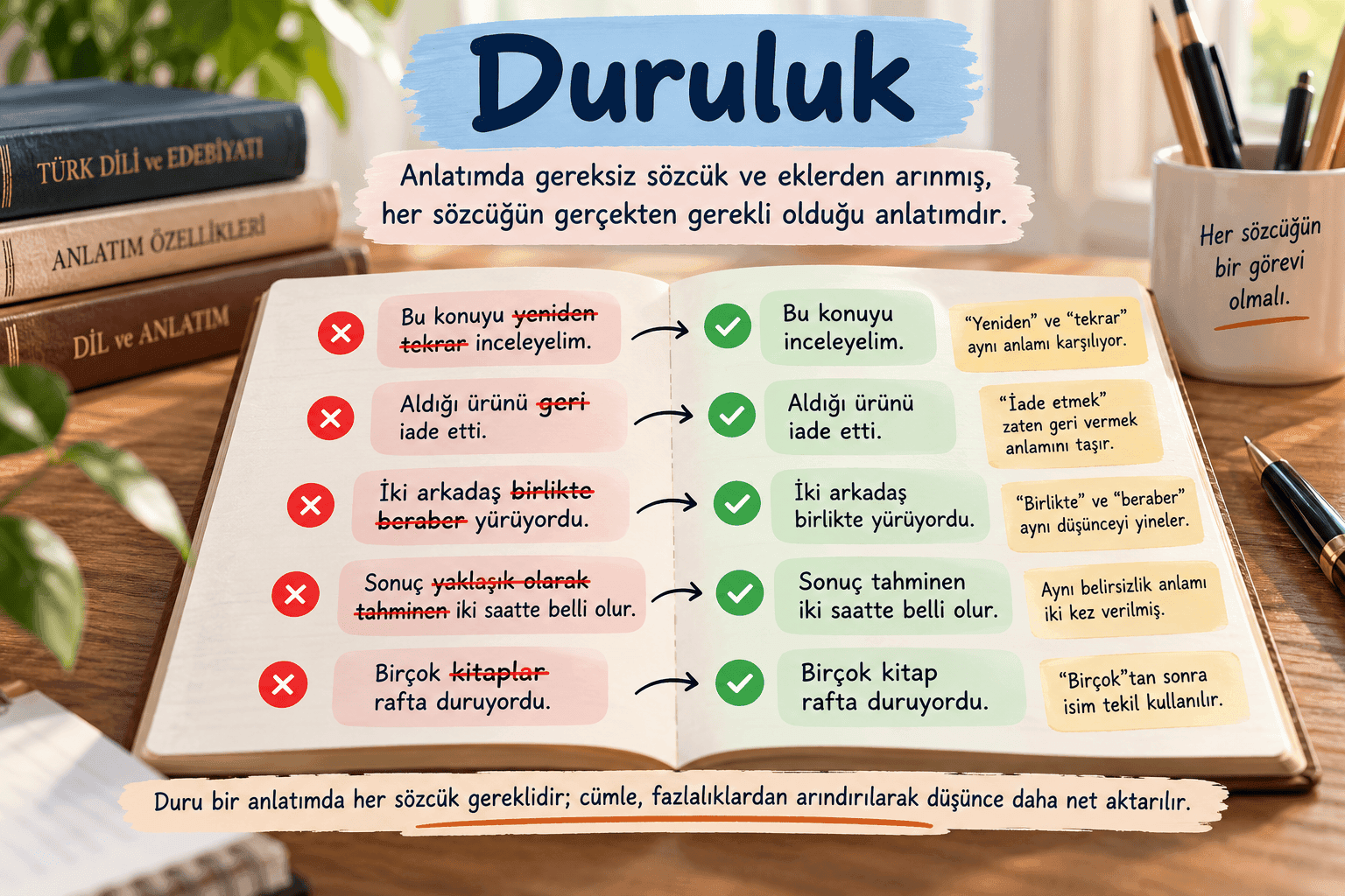 Duruluk konusunu gereksiz sözcüklerin çıkarıldığı doğru ve yanlış cümle örnekleriyle açıklayan eğitim görseli