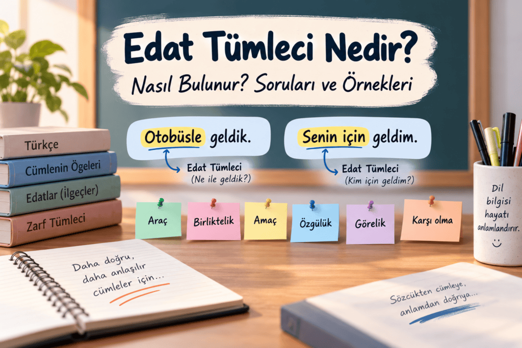 Edat tümleci konusunu araç, birliktelik, amaç ve görelik örnekleriyle açıklayan eğitim görseli